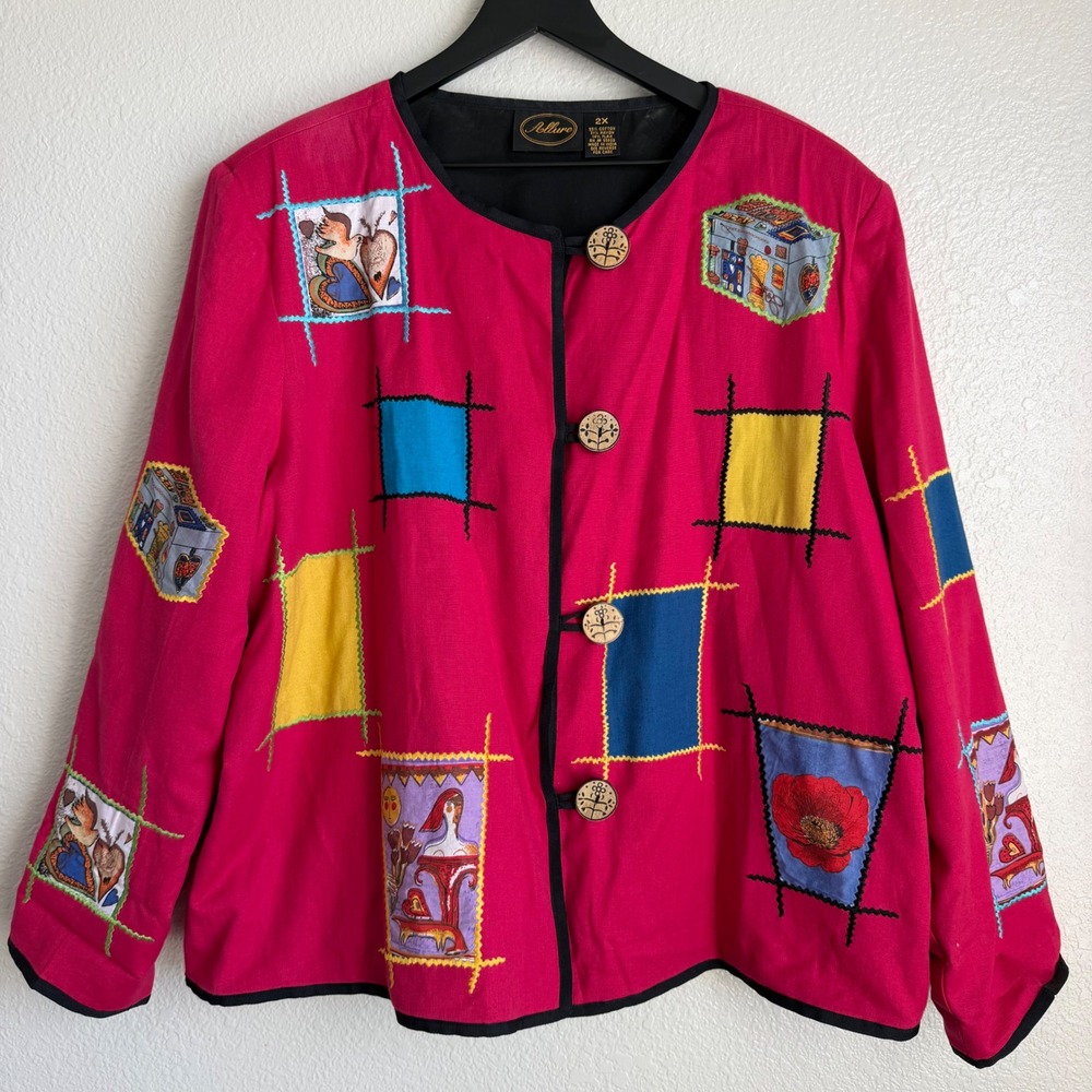 Vintage Art To Wear Patchwork Jacket Pink Cotton Blend Embroidery Boho 2X Allure